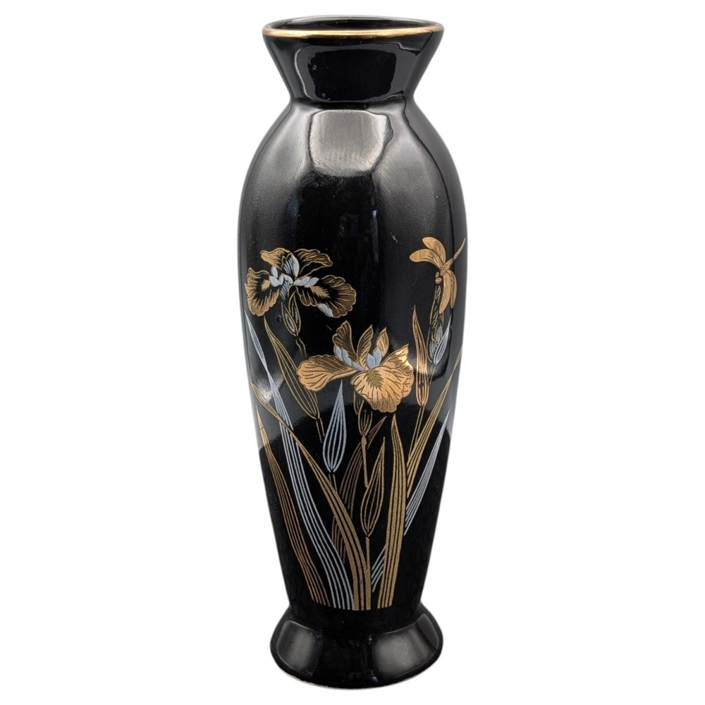 Vintage Black Japan‎ Vase Gold Iris Floral Elegant Home Decor Accent Piece 6"x4"
